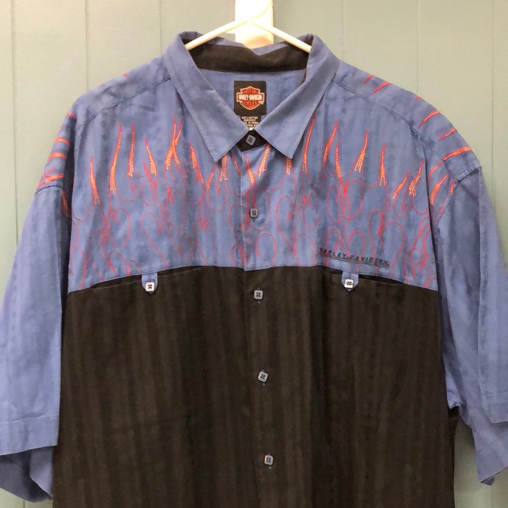 Harley-Davidson two tone button down with embroidered flames